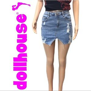 Dollhouse Asymmetrical Distressed Raw Hem Stretch Denim Mini Skirt Size 11